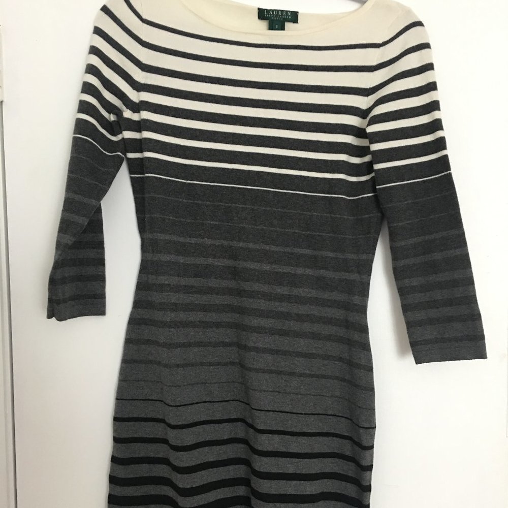 Ralph Lauren Grey Black White Stripe Sweater Dress